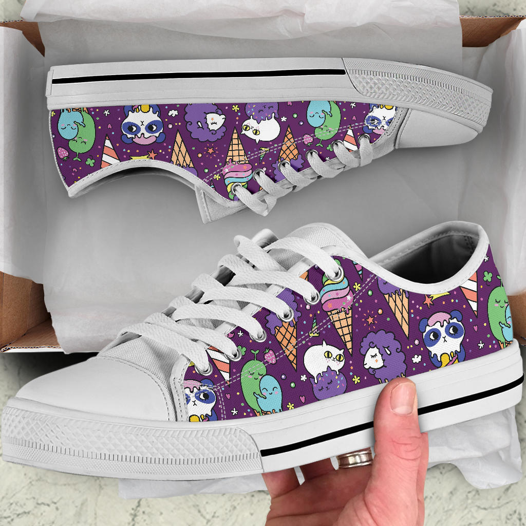Ice Cream Pattern Print Design IC07 White Bottom Low Top Shoes