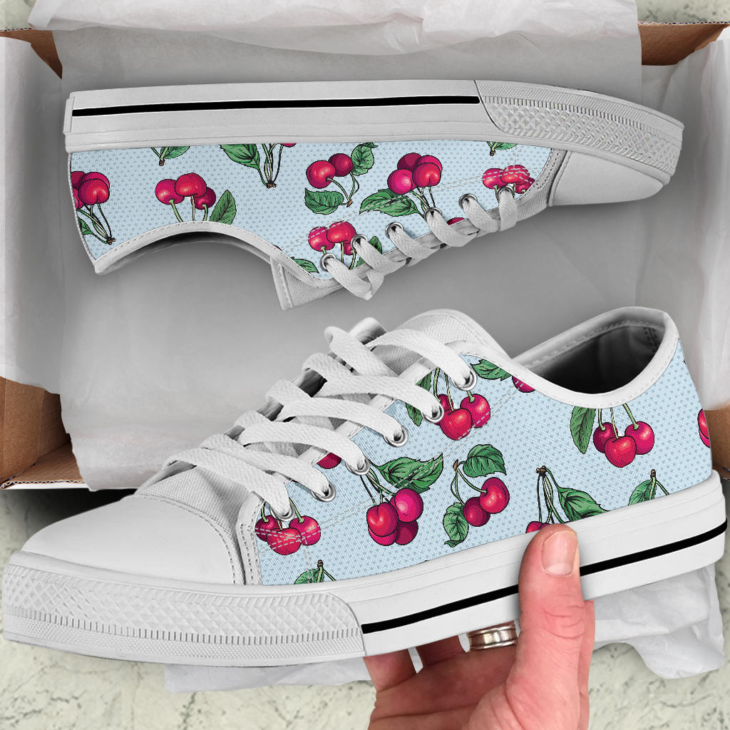 Cherry Pattern Print Design CH01 White Bottom Low Top Shoes