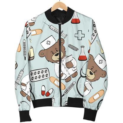Nurse Bear Pattern Print Design A01 Women's Bomber Jacket