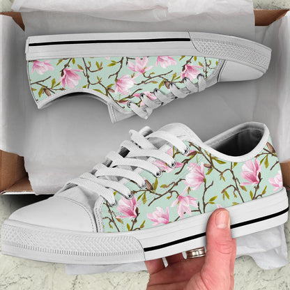 Magnolia Pattern Print Design MAG04 White Bottom Low Top Shoes