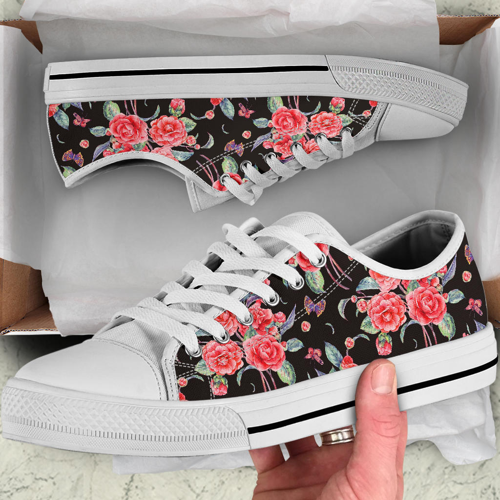 Camellia Pattern Print Design CM03 White Bottom Low Top Shoes