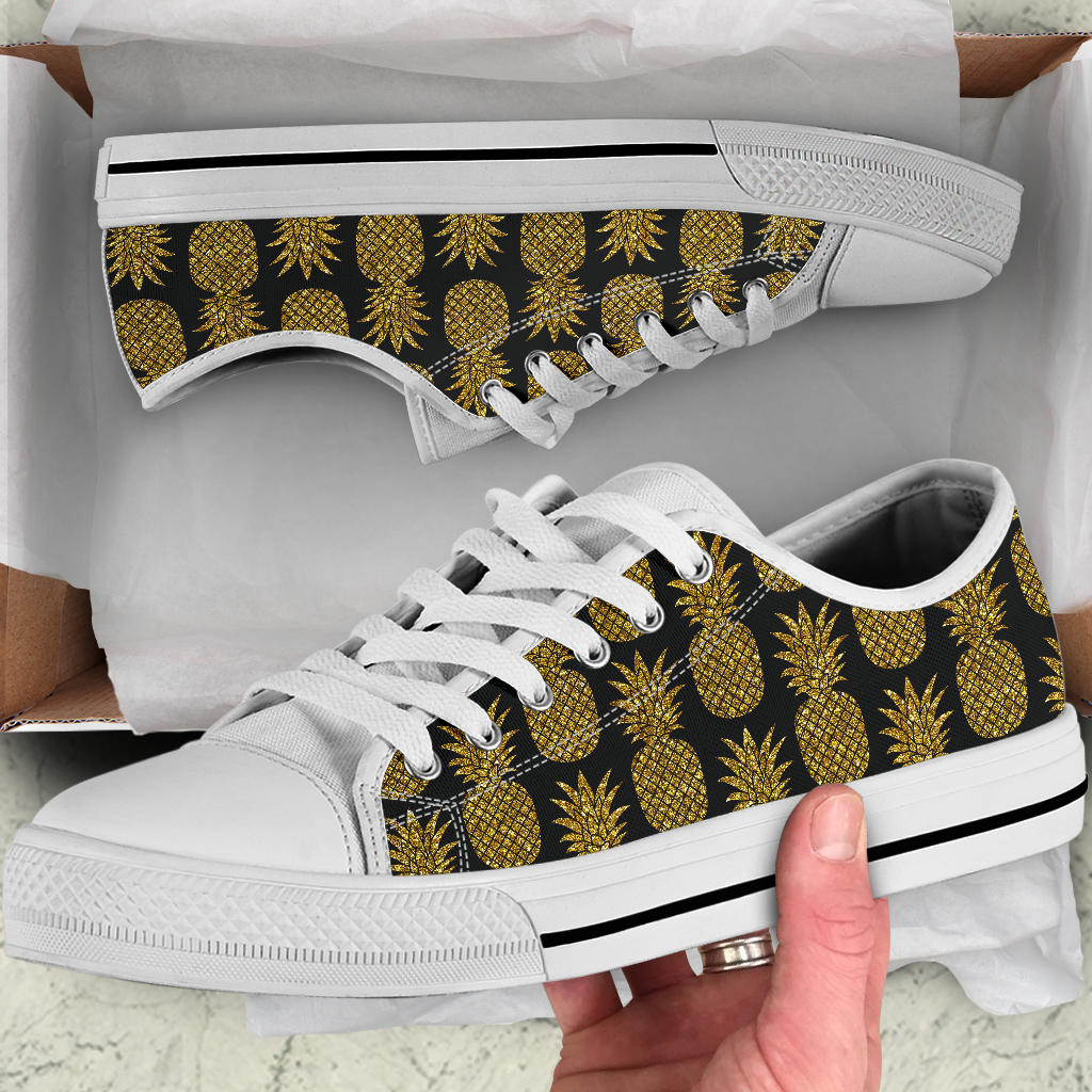 Gold Pineapple Pattern Print Design PP011 White Bottom Low Top Shoes