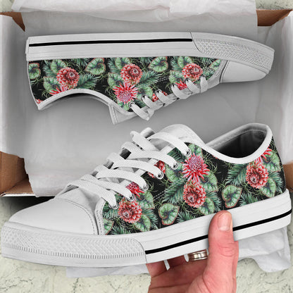 Dahlia Pattern Print Design DH06 White Bottom Low Top Shoes