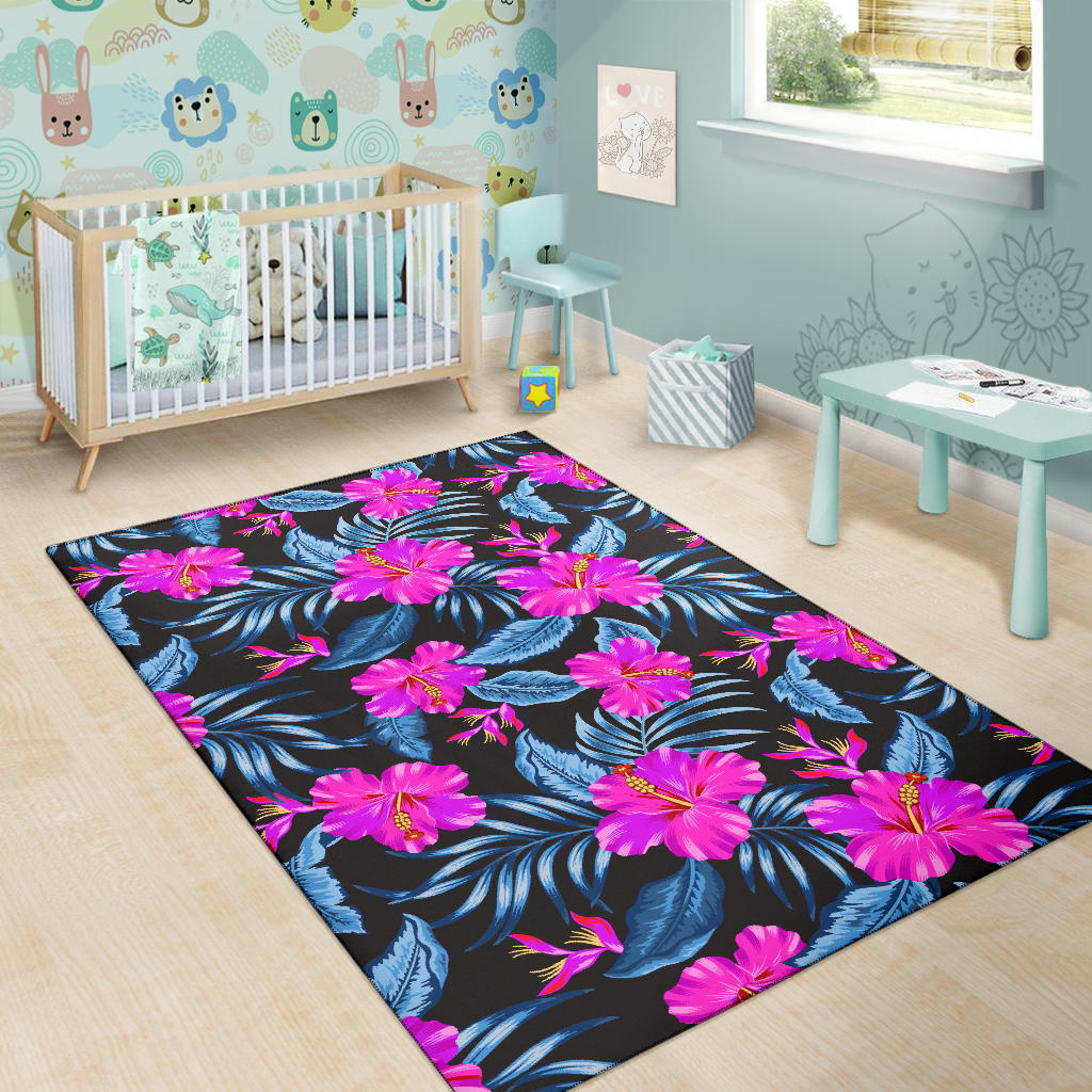 Neon Pink Hibiscus Pattern Print Design HB015 Area Rugs