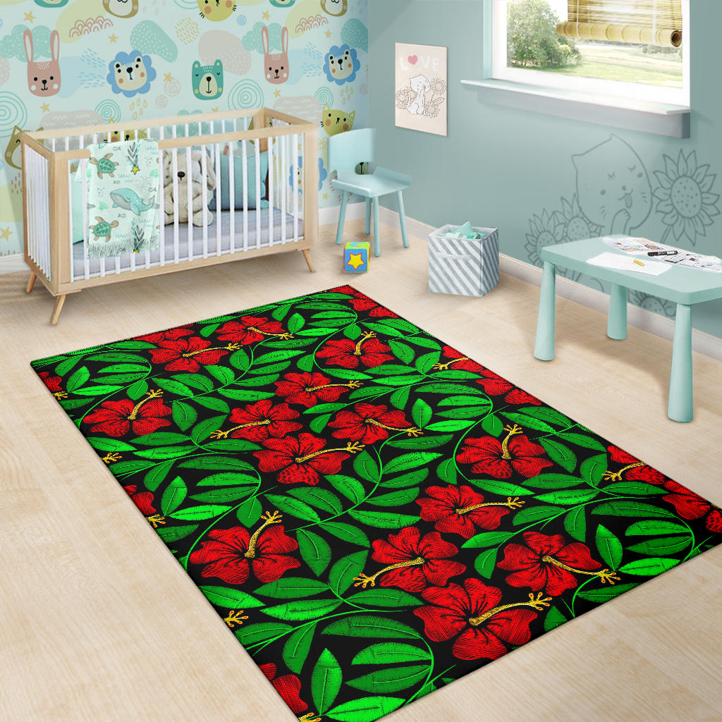 Red Hibiscus Embroidered Pattern Print Design HB032 Area Rugs