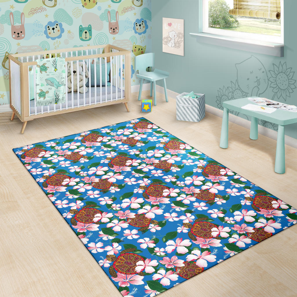 Sea Turtle Pink Hibiscus Hawaiian Print Area Rugs
