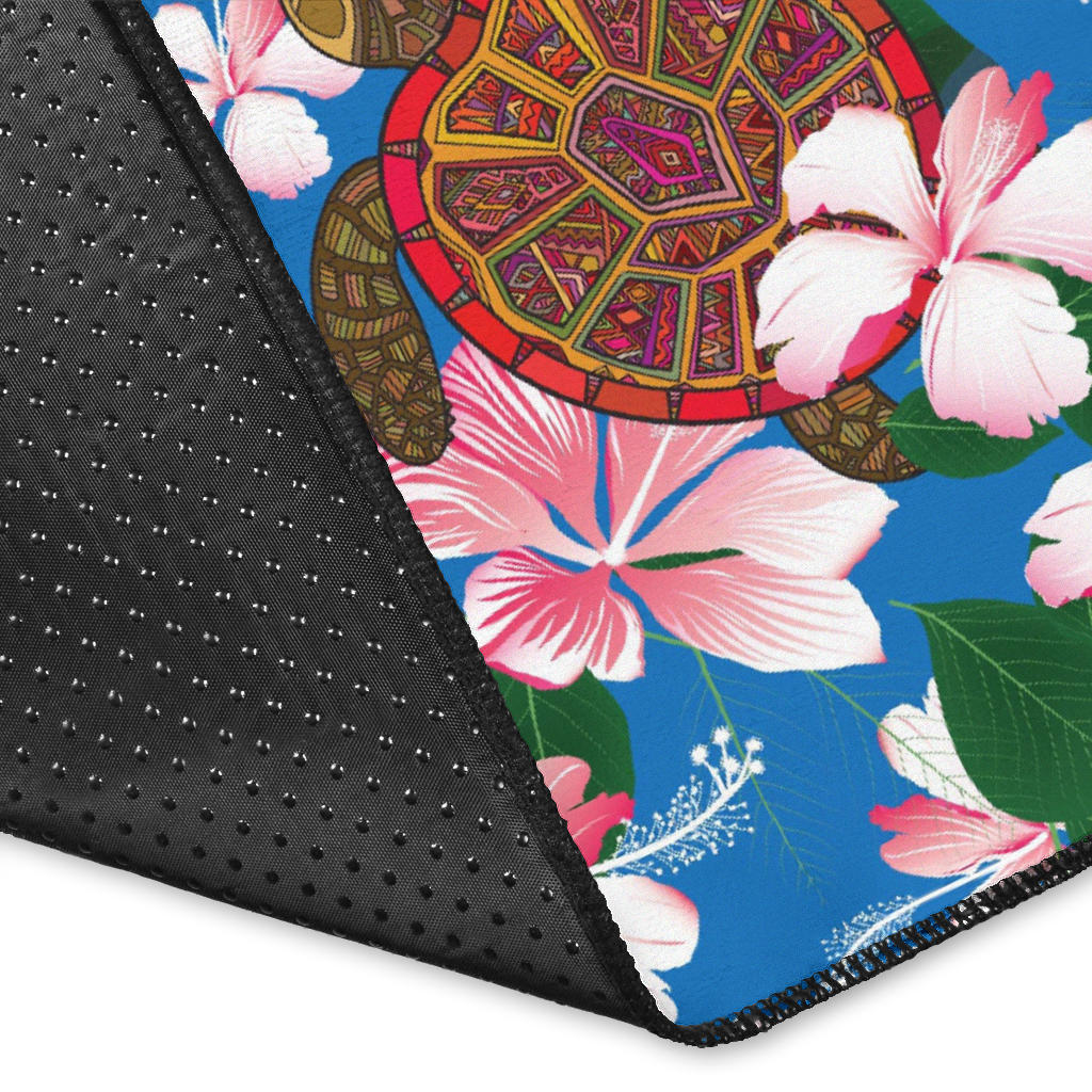 Sea Turtle Pink Hibiscus Hawaiian Print Area Rugs