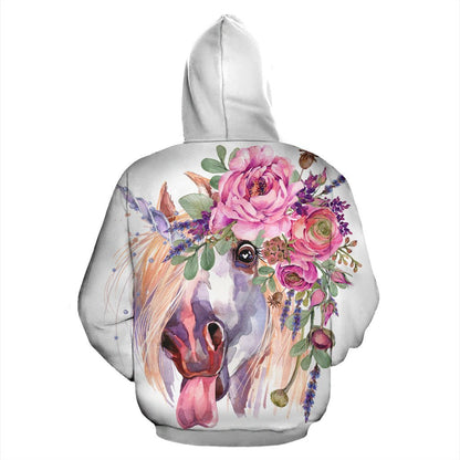 Funny Floral White Horse Women Men Zip Up Hoodie
