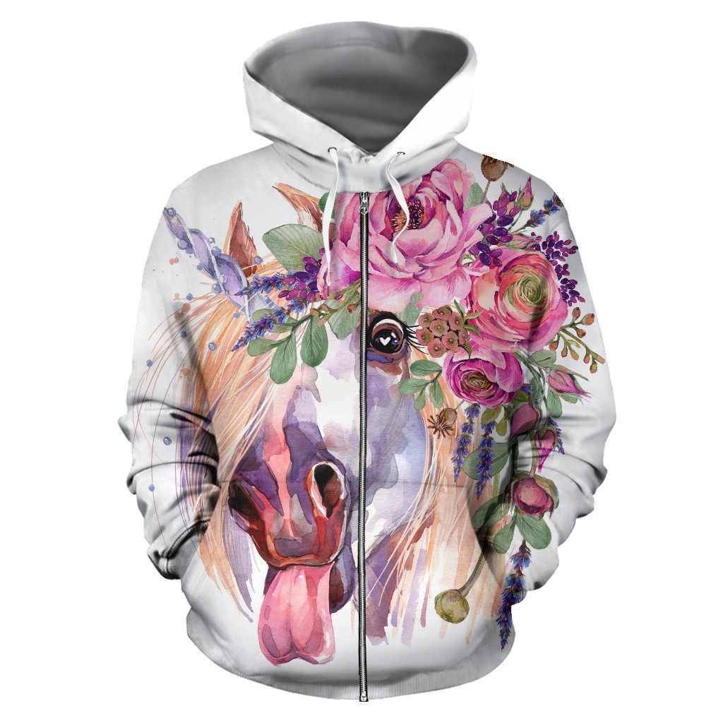 Funny Floral White Horse Women Men Zip Up Hoodie