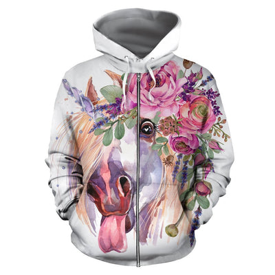 Funny Floral White Horse Women Men Zip Up Hoodie