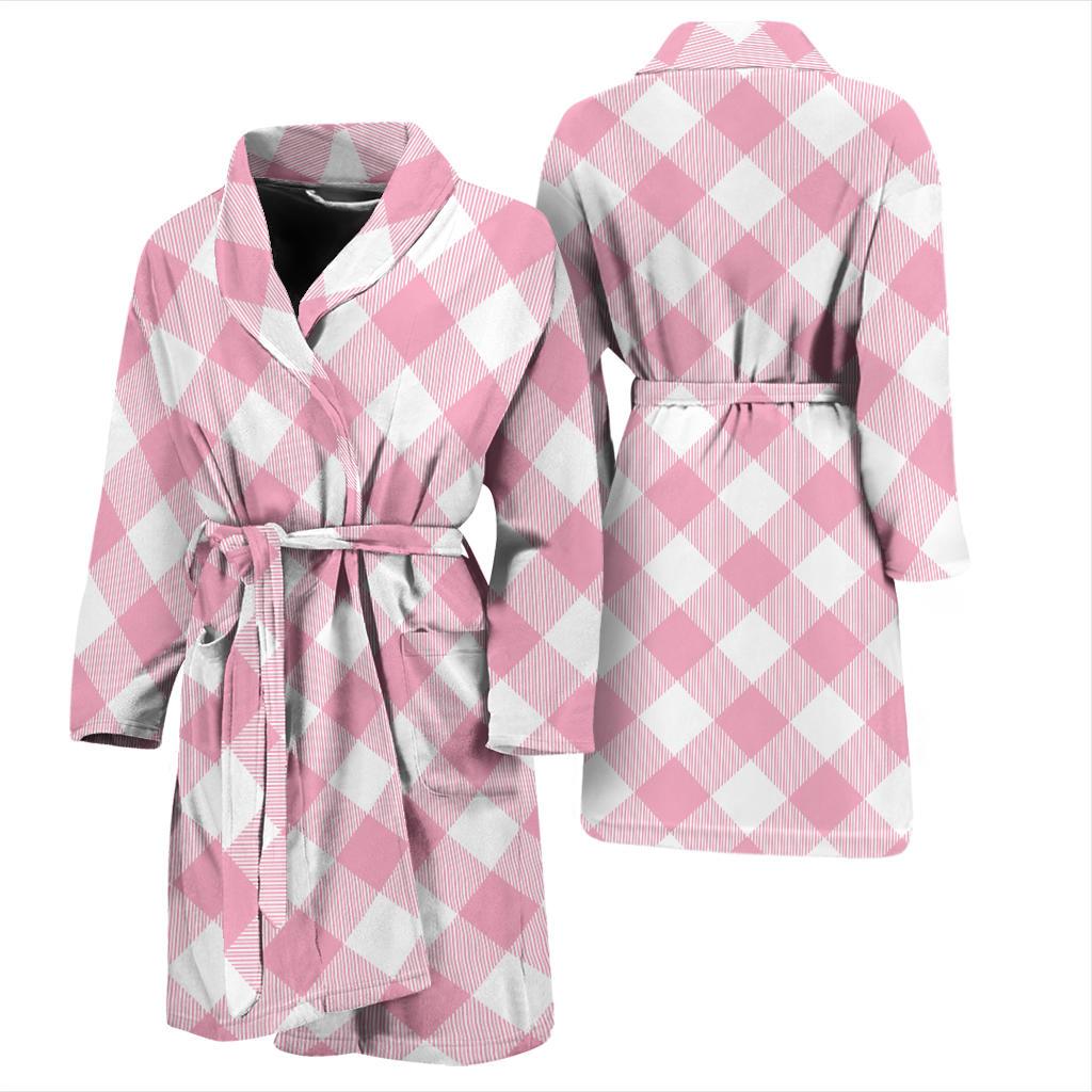 Gingham Pink Pattern Print Design 02 Men Bathrobe-JORJUNE.COM