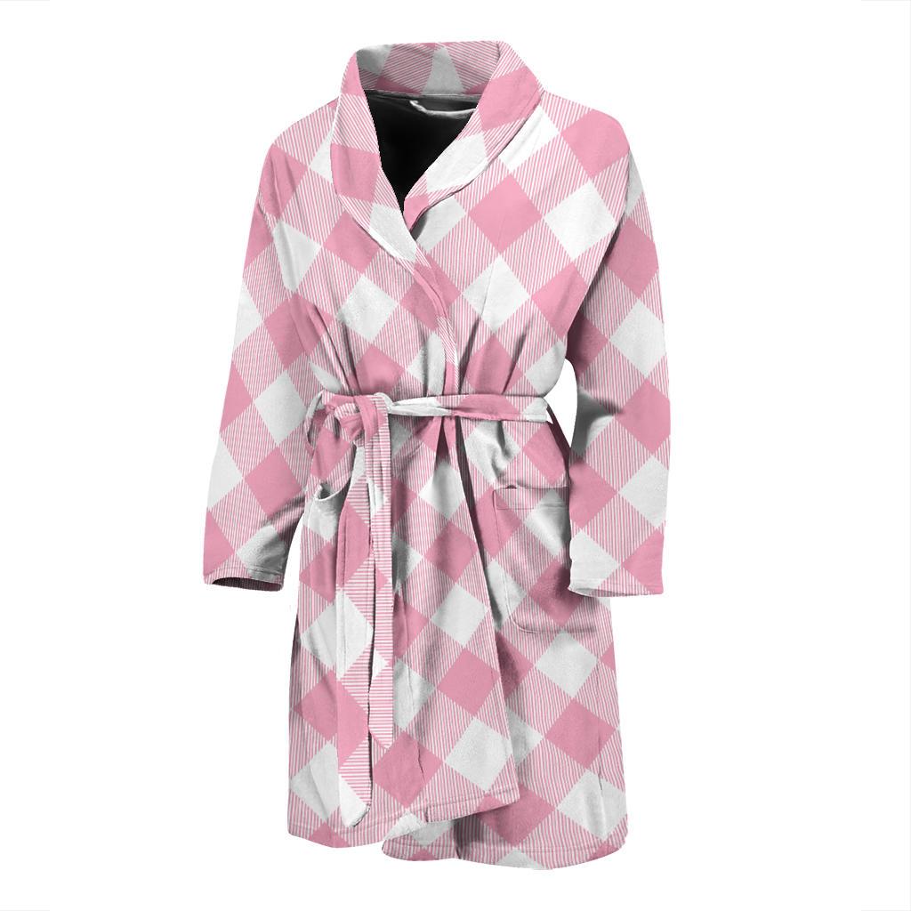 Gingham Pink Pattern Print Design 02 Men Bathrobe-JORJUNE.COM