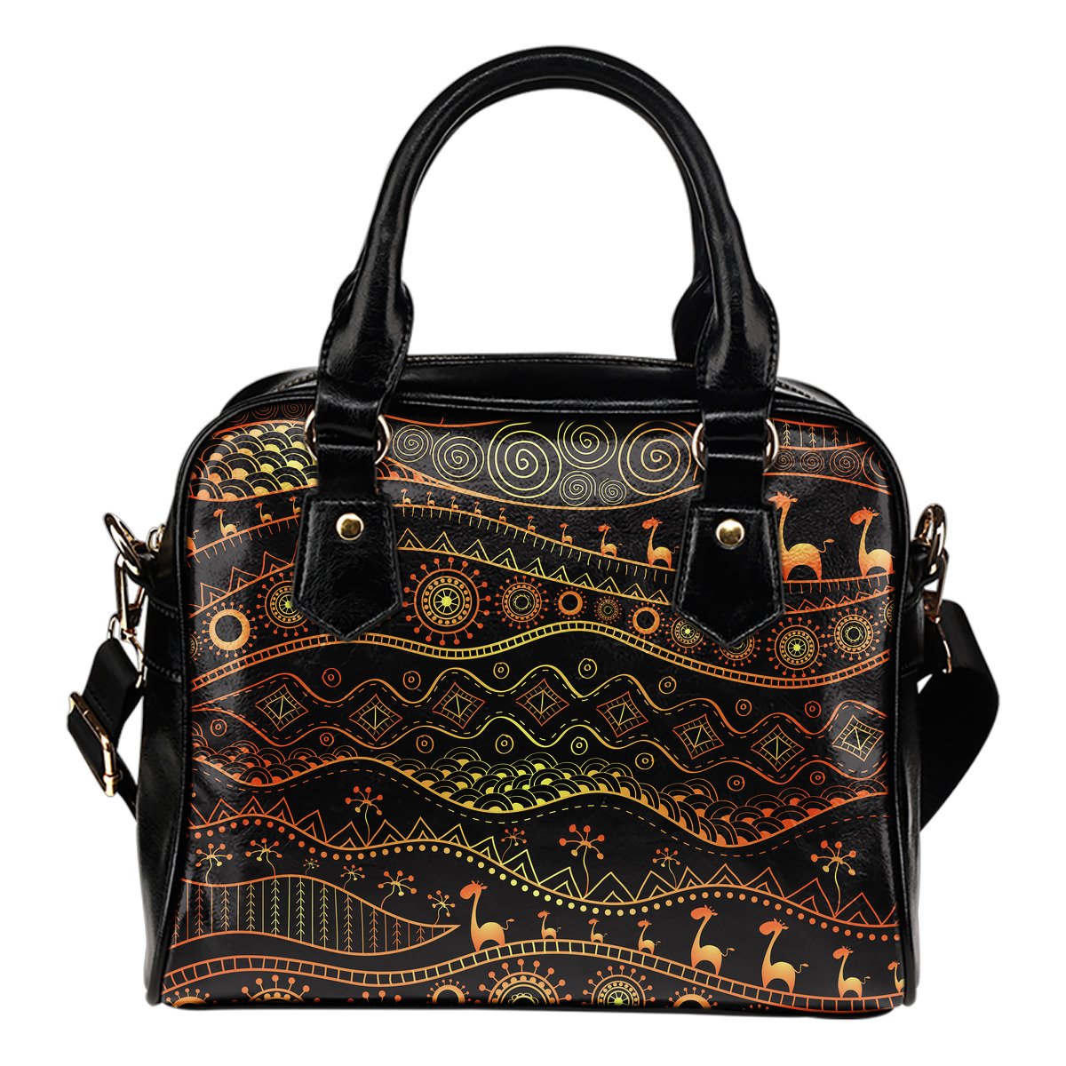 Gold African Design Leather Shoulder Handbag