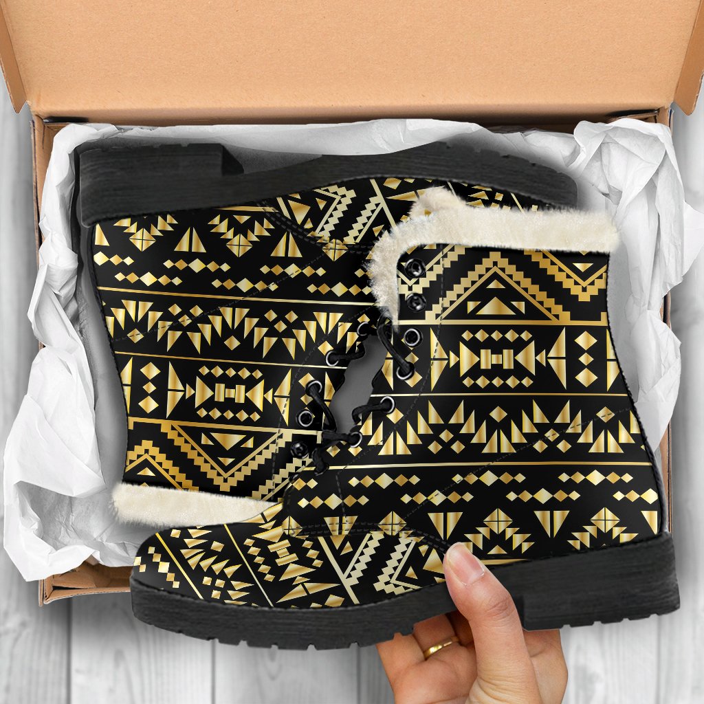 Gold Aztec Tribal Faux Fur Leather Boots