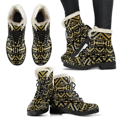 Gold Aztec Tribal Faux Fur Leather Boots