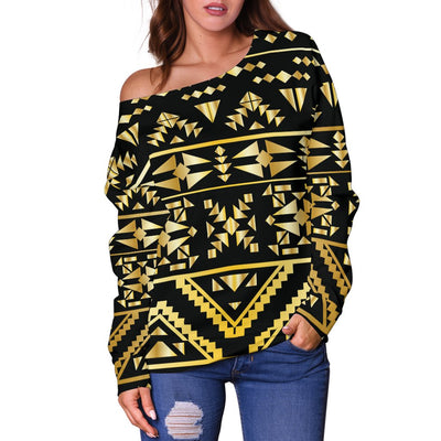 Gold Aztec Tribal Off Shoulder Sweatshirt
