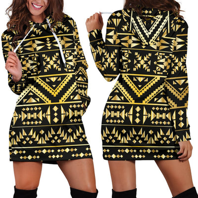 Gold Aztec Tribal Women Hoodie Dress