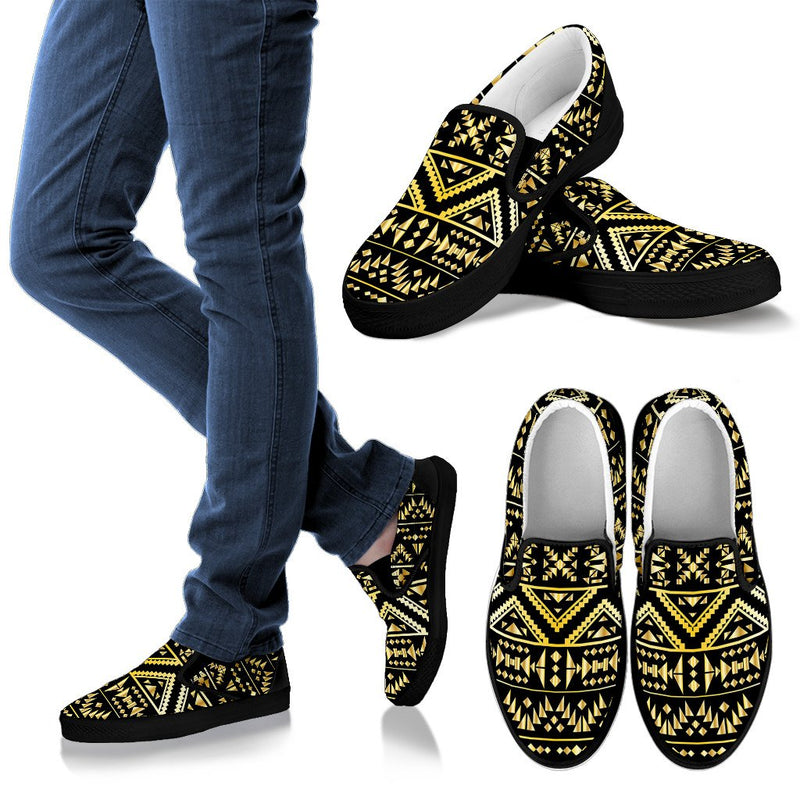 Gold Aztec Tribal Women Slip On Shoes