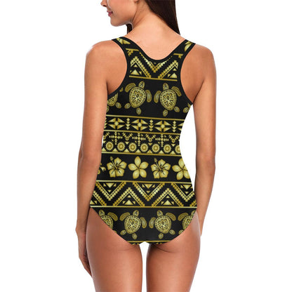 Tribal Aztec Sea Turtle Hawaiian Flower Women One Piece Swimsuit