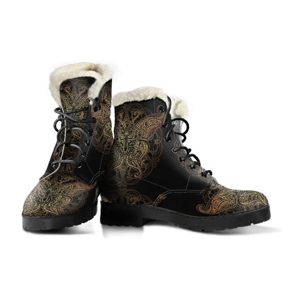 Gold Butterfly Ornamental Faux Fur Leather Boots