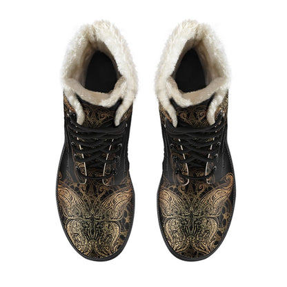 Gold Butterfly Ornamental Faux Fur Leather Boots