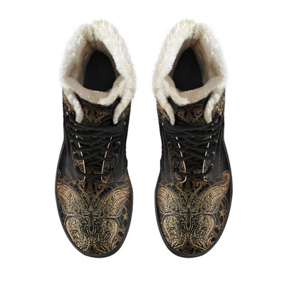 Gold Butterfly Ornamental Faux Fur Leather Boots