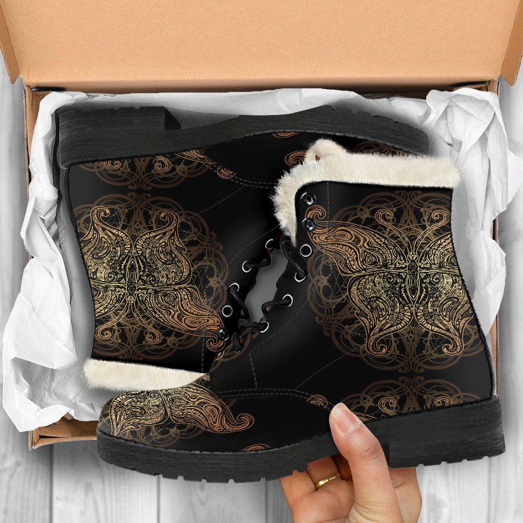 Gold Butterfly Ornamental Faux Fur Leather Boots