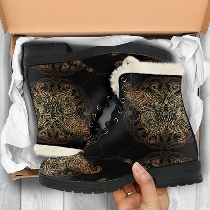 Gold Butterfly Ornamental Faux Fur Leather Boots