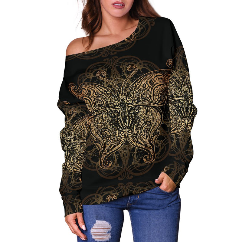 Gold Butterfly Ornamental Off Shoulder Sweatshirt