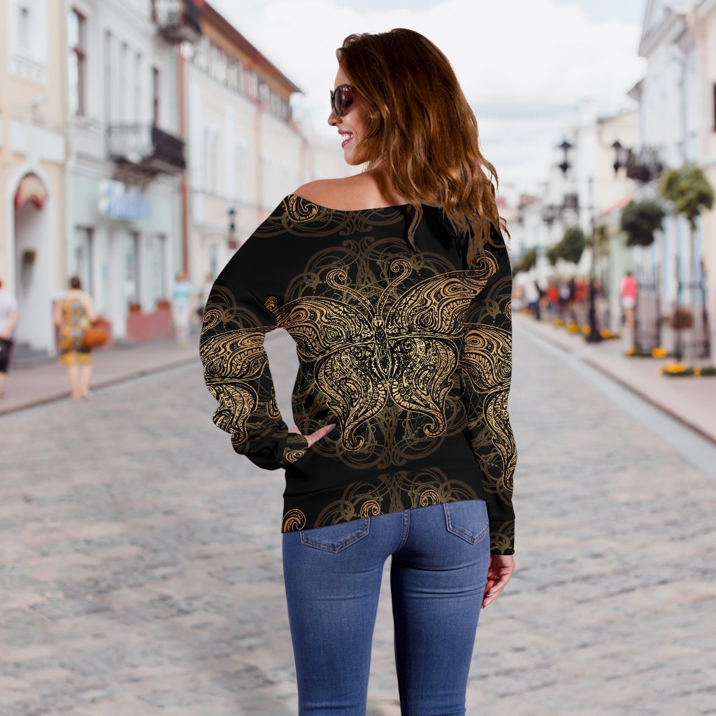 Gold Butterfly Ornamental Off Shoulder Sweatshirt