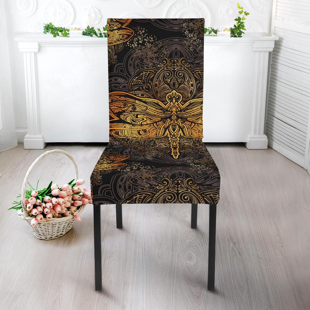Gold Dragonfly Mandala Dining Chair Slipcover-JORJUNE.COM
