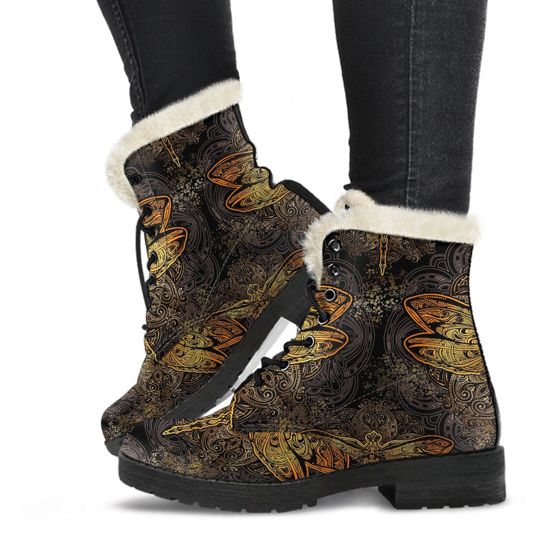 Gold Dragonfly Mandala Faux Fur Leather Boots