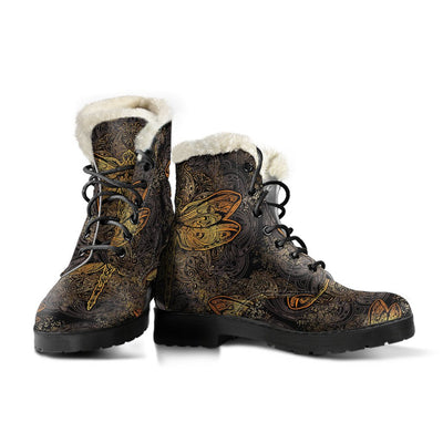 Gold Dragonfly Mandala Faux Fur Leather Boots