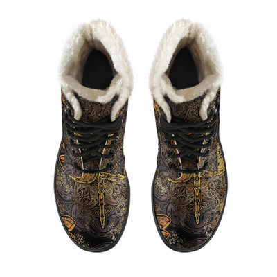 Gold Dragonfly Mandala Faux Fur Leather Boots