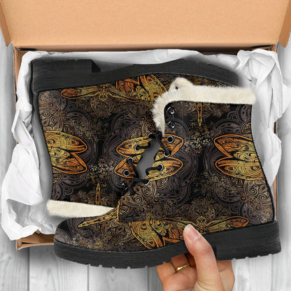 Gold Dragonfly Mandala Faux Fur Leather Boots