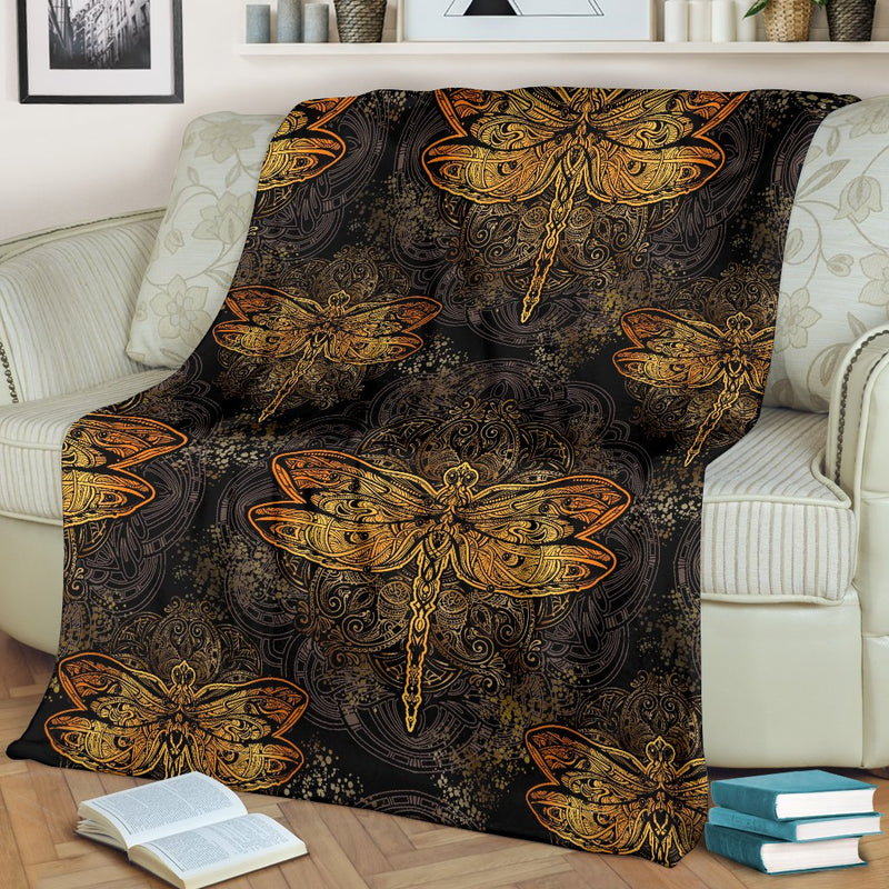 Gold Dragonfly Mandala Fleece Blanket