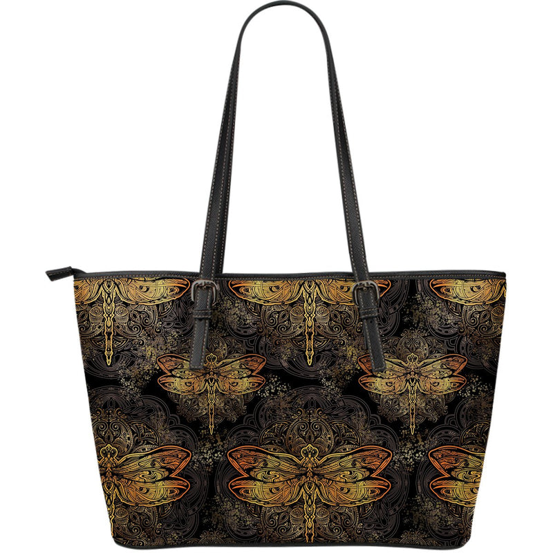 Gold Dragonfly Mandala Large Leather Tote Bag