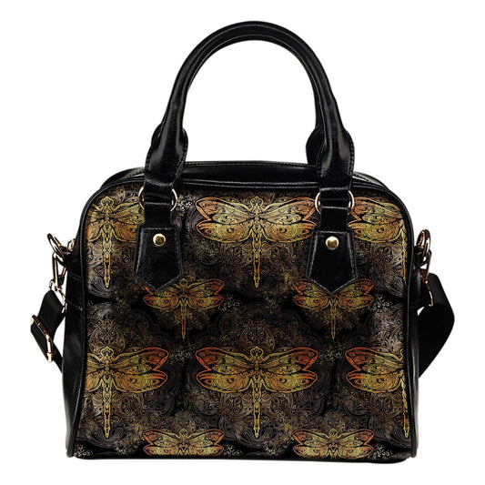 Gold Dragonfly Mandala Leather Shoulder Handbag