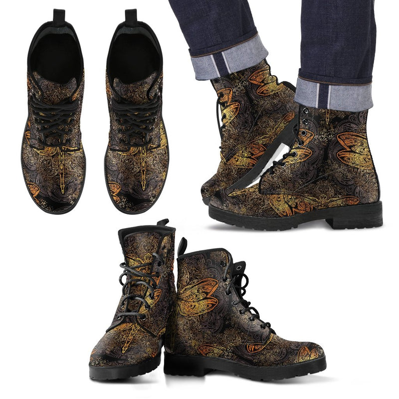 Gold Dragonfly Mandala Men Leather Boots