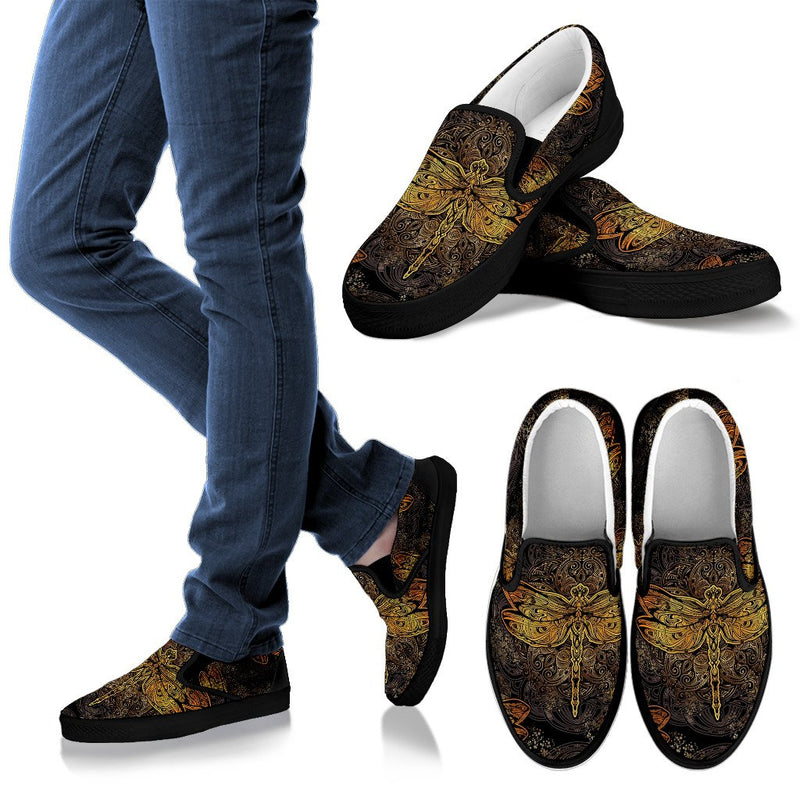 Gold Dragonfly Mandala Men Slip On Shoes