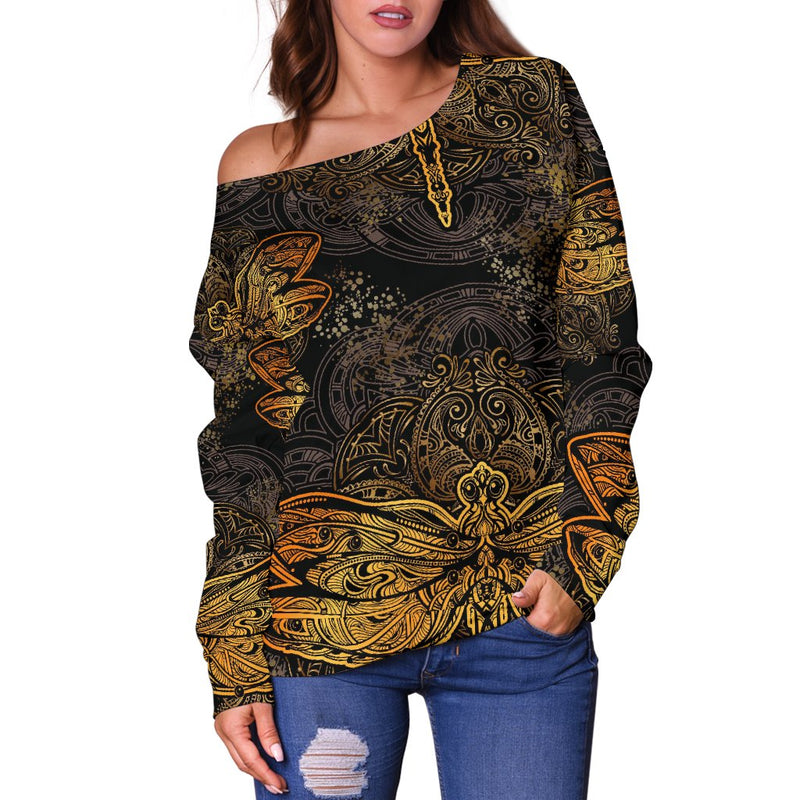 Gold Dragonfly Mandala Off Shoulder Sweatshirt