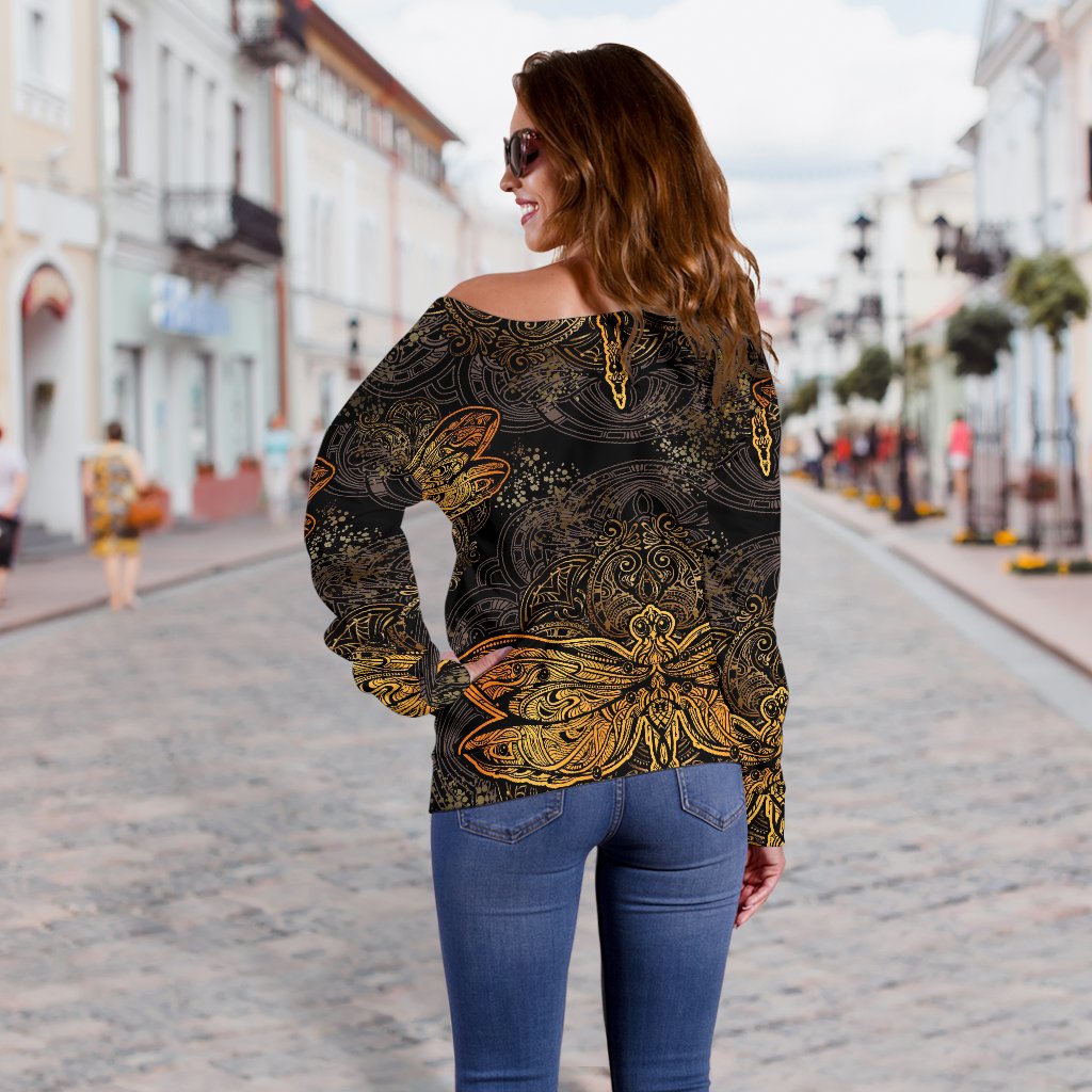 Gold Dragonfly Mandala Off Shoulder Sweatshirt