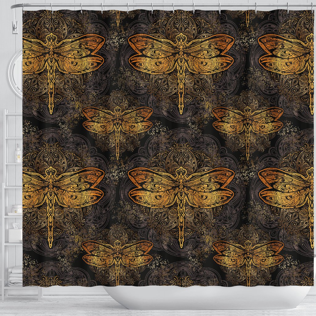 Gold Dragonfly Mandala Shower Curtain