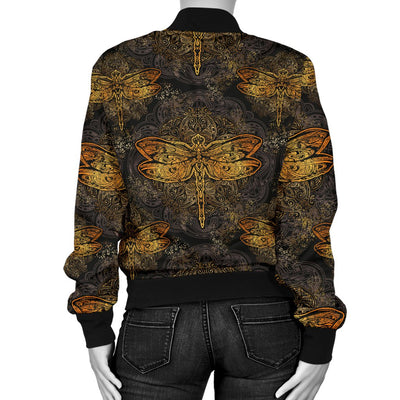 Gold Dragonfly Mandala Women Casual Bomber Jacket