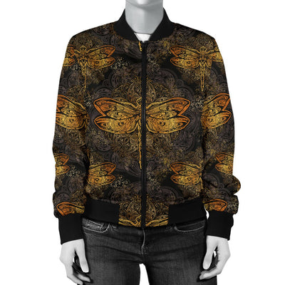 Gold Dragonfly Mandala Women Casual Bomber Jacket