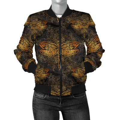 Gold Dragonfly Mandala Women Casual Bomber Jacket