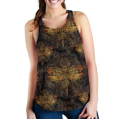 Gold Dragonfly Mandala Women Racerback Tank Top