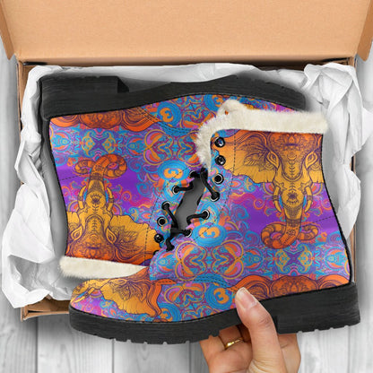 Gold Elephant Indian Faux Fur Leather Boots