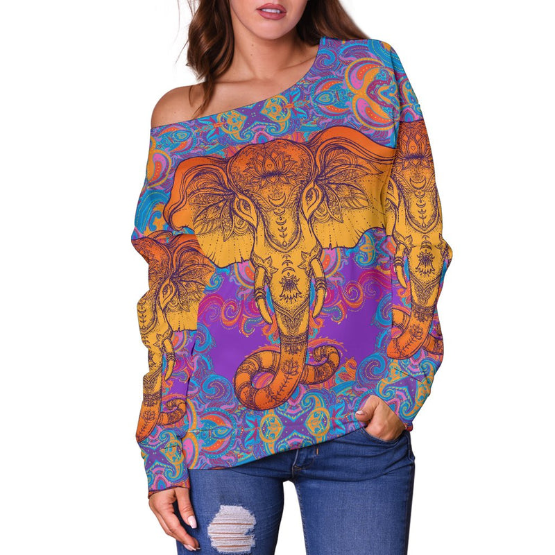 Gold Elephant Indian Off Shoulder Sweatshirt