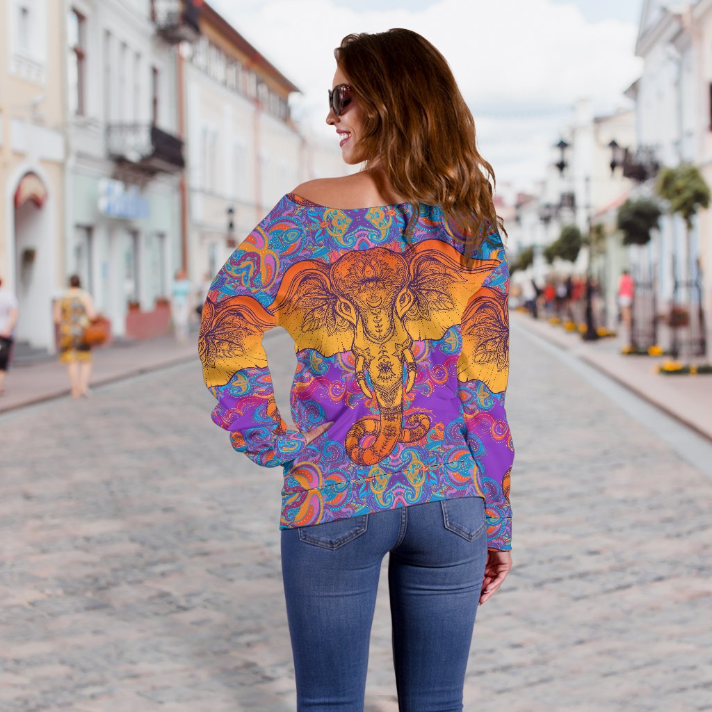 Gold Elephant Indian Off Shoulder Sweatshirt